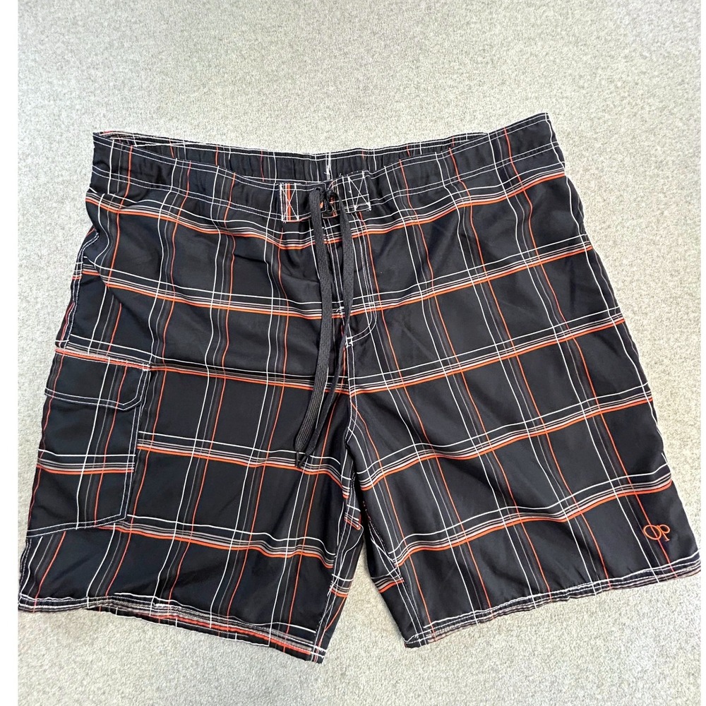 Op Board Shorts Mens 3XL Black Orange Plaid Swim Trunks Cargo Pocket Surf